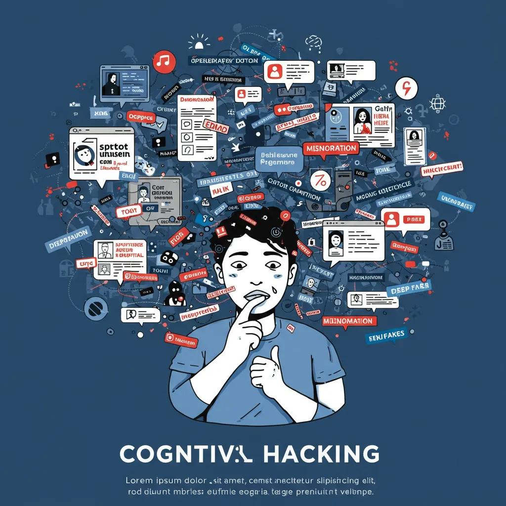Individual overwhelmed by digital notifications and social media, illustrating cognitive hacking