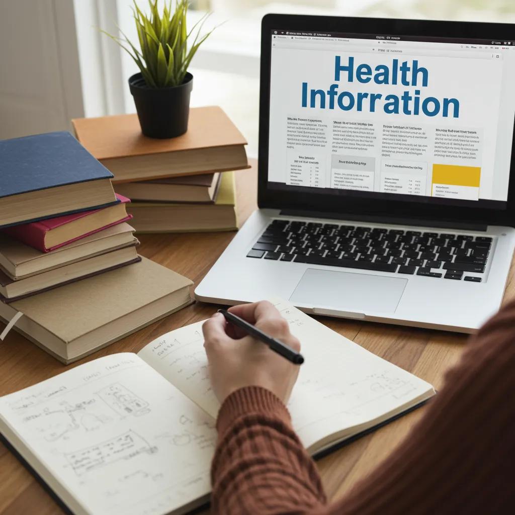 Individual researching health information online to improve digital health literacy at a desk