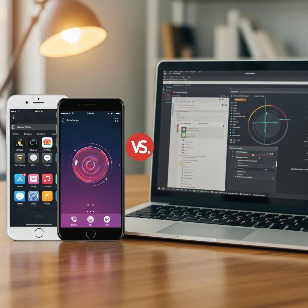 Mobile device and laptop illustrating mobile app testing versus web app testing