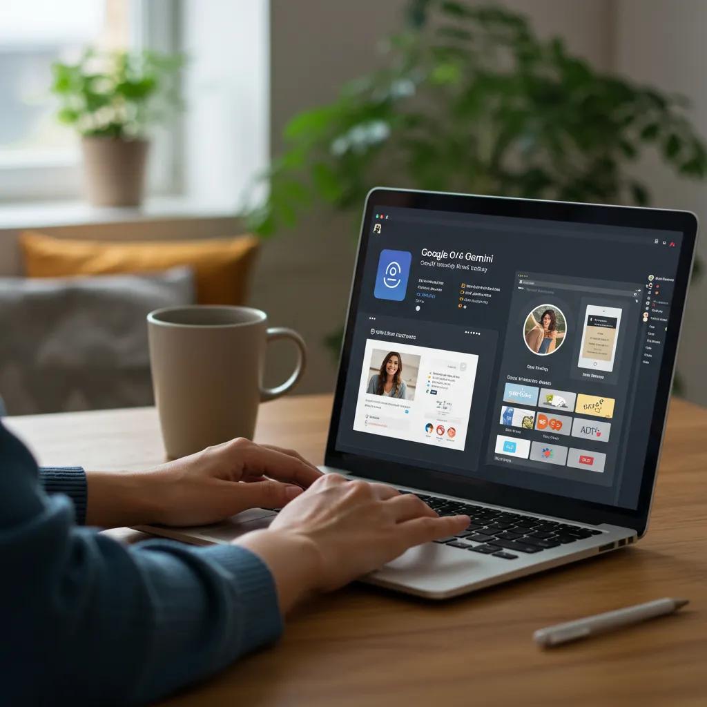 Person using Google Gemini on a laptop to manage digital legacy in a cozy workspace