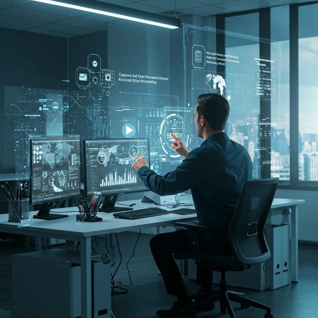 Professional using AI tools in a modern office to capture procedural knowledge, emphasizing future-proofing