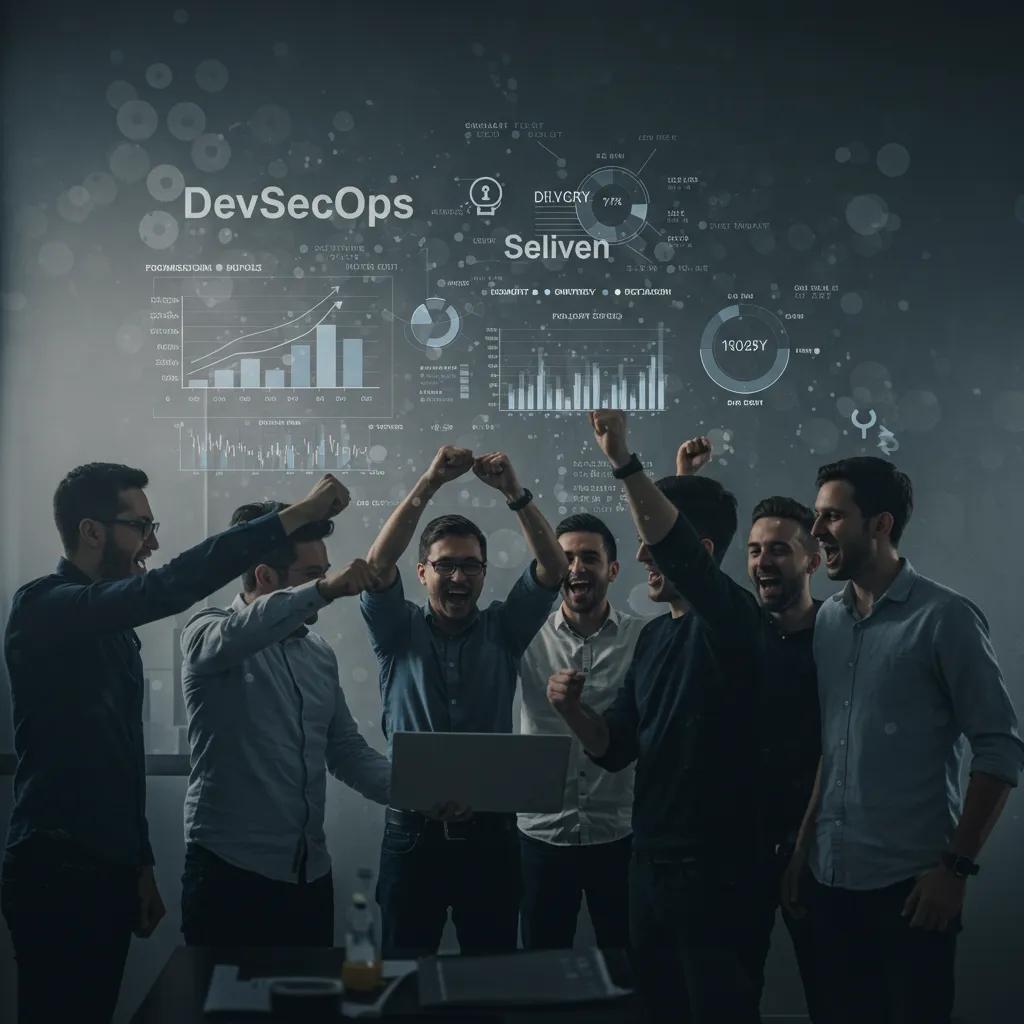 Software team celebrating successful implementation of DevSecOps with visible performance metrics