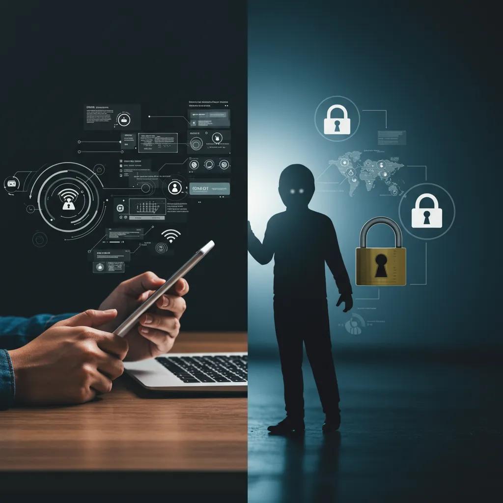 Split scene showing the balance between convenience and privacy in digital life, illustrating the privacy-convenience trade-off