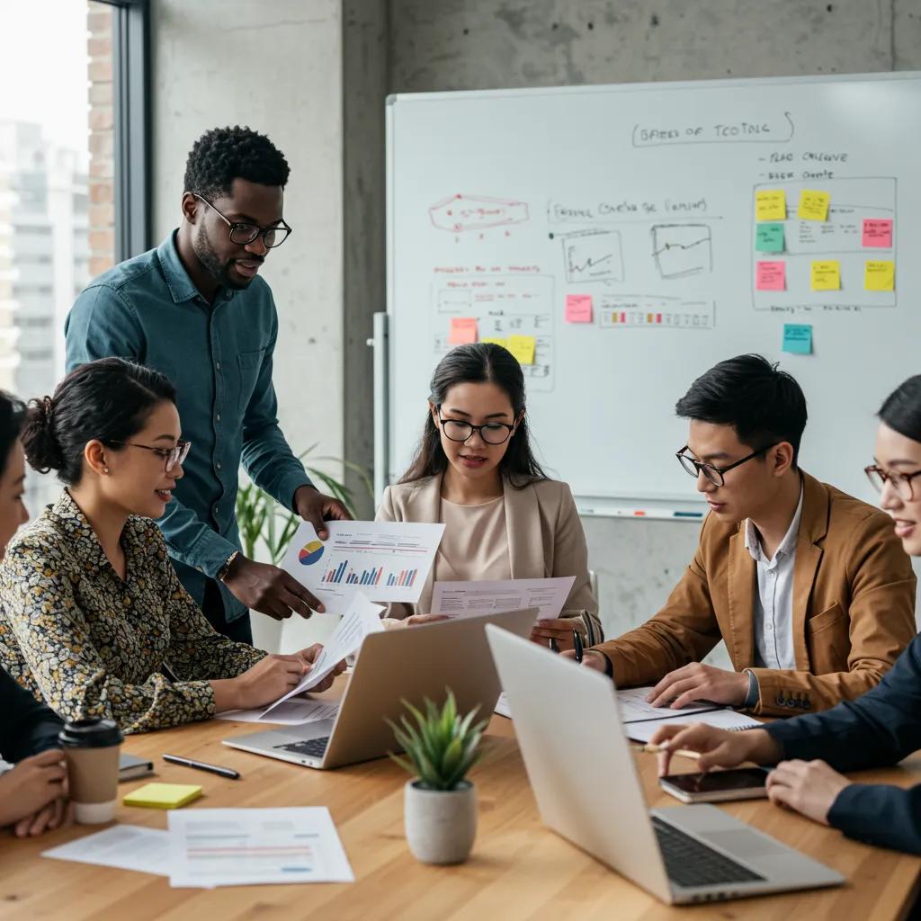 Team collaboration on testing documents in a modern office environment