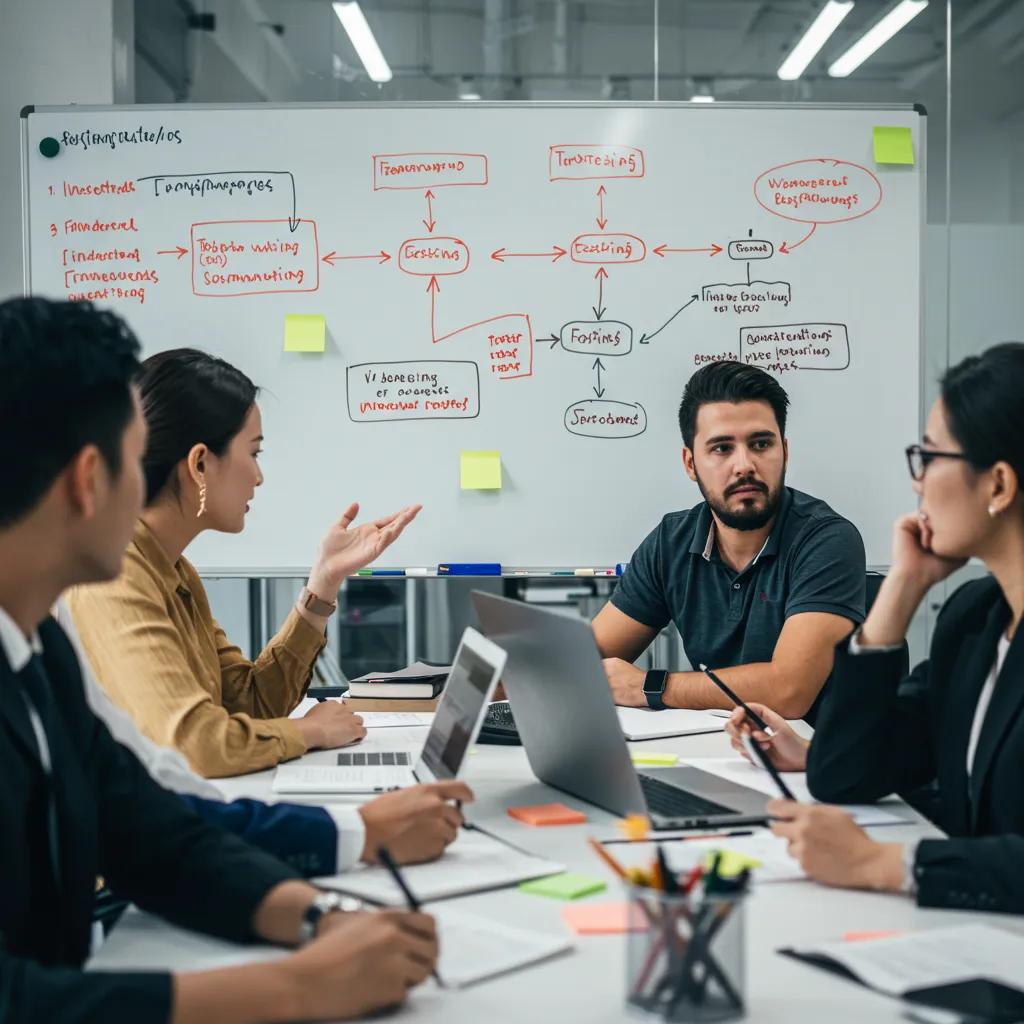 Team discussing automation testing strategies in a tech office with a whiteboard