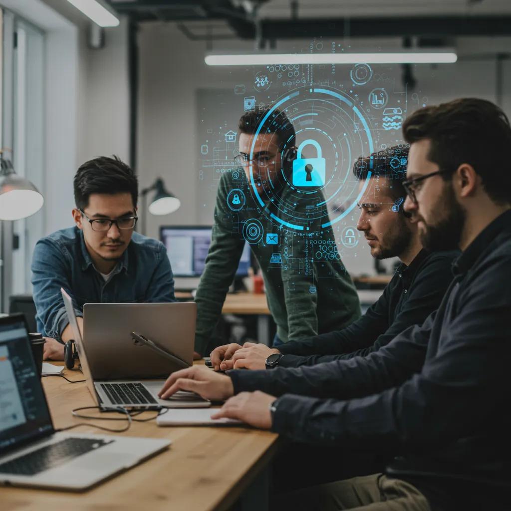 Team of software developers collaborating on DevSecOps practices in a modern office