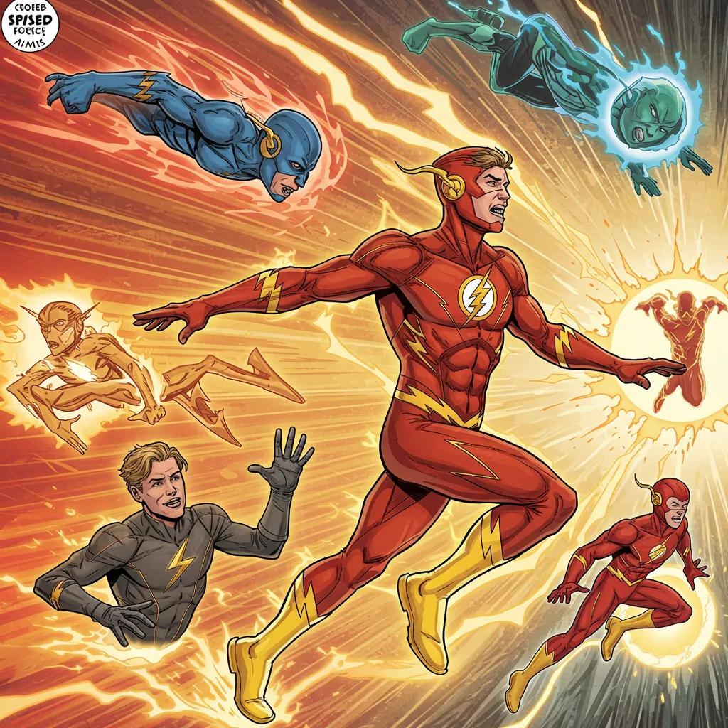 Wally West showcasing his core powers, including super-speed and Speed Force abilities, in a dynamic comic book style