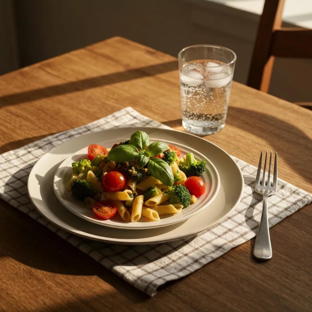 A plated one-pot pasta dish with vegetables, illustrating easy and quick dinner recipes