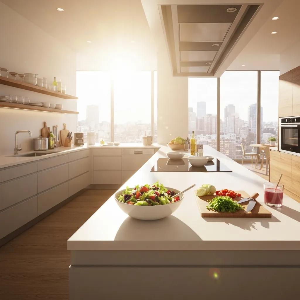 Colorful fruits and vegetables in a bright kitchen, representing healthy eating benefits and meal preparation