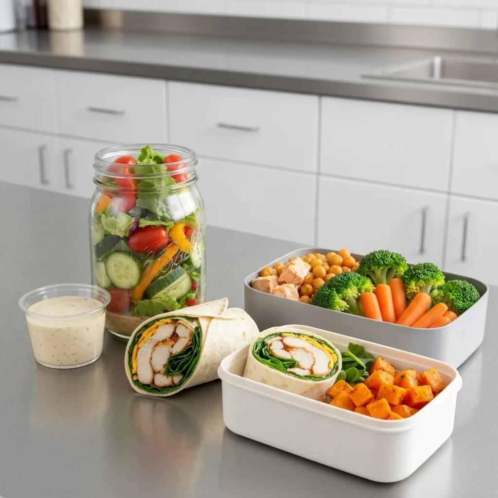 Mason jar salad, wrap, and bento box showcasing popular no-cook and healthy packed lunches