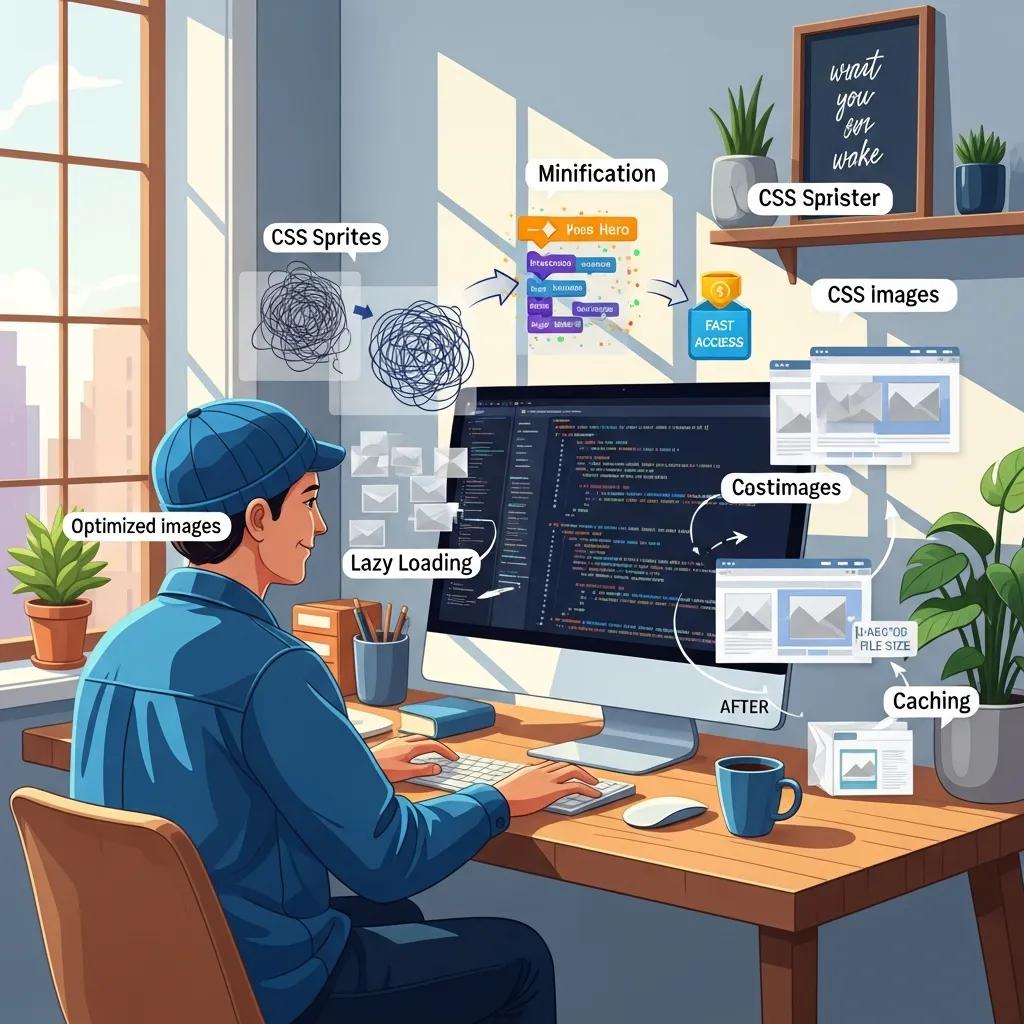 Developer optimizing CSS techniques on a computer, highlighting best practices for website speed