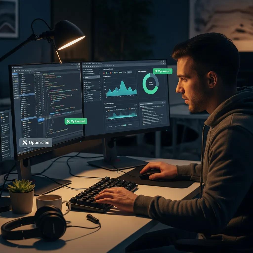 Programmer analyzing JavaScript performance metrics on dual monitors, emphasizing optimization best practices