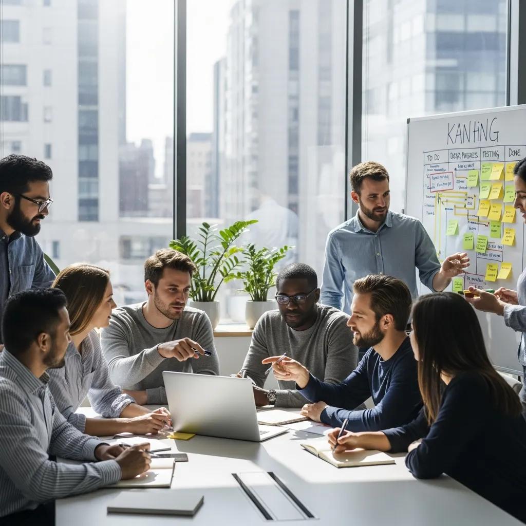 Agile testing team collaborating in a modern workspace with a focus on quality assurance