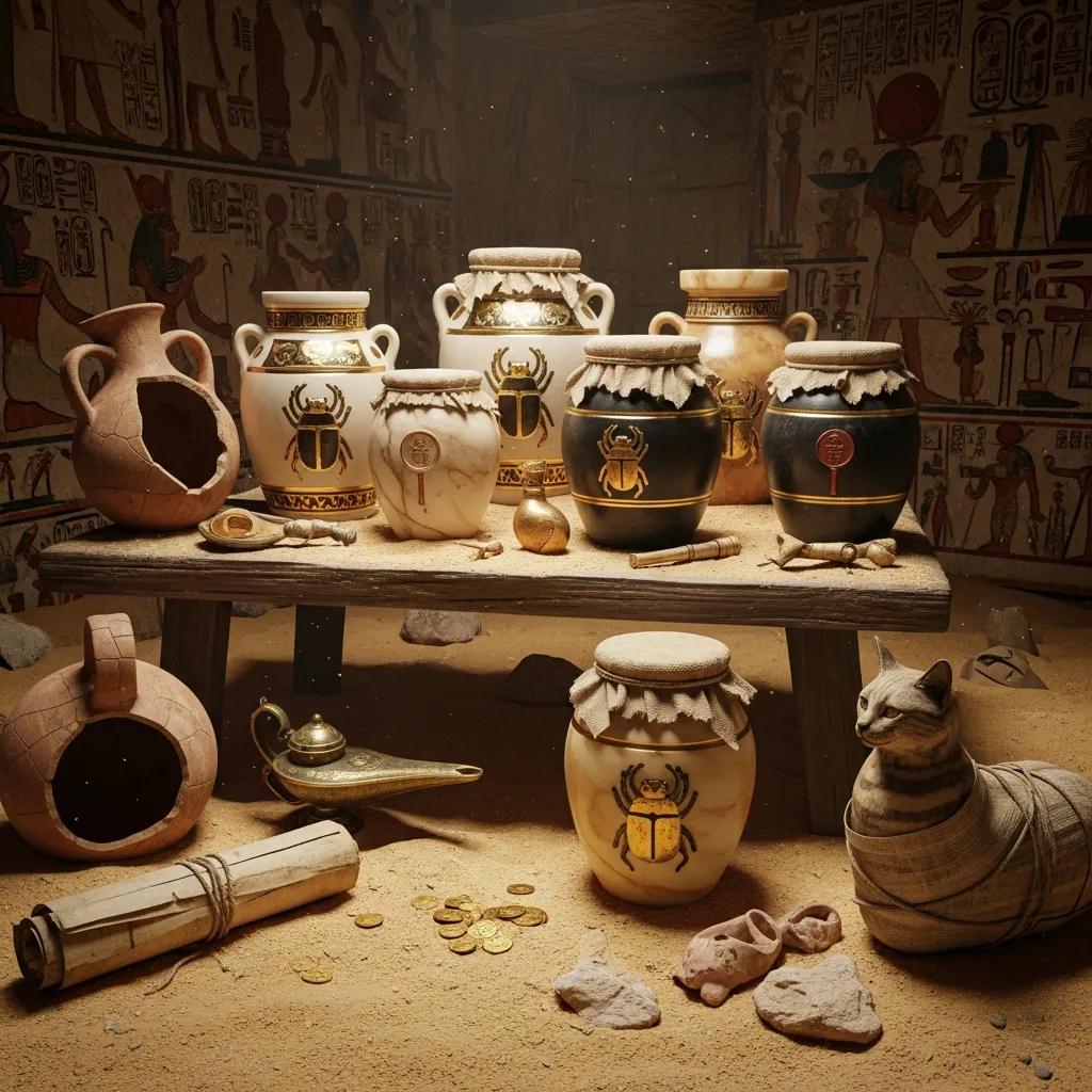 Archaeological depiction of an Egyptian tomb with jars, illustrating historical honey storage and preservation