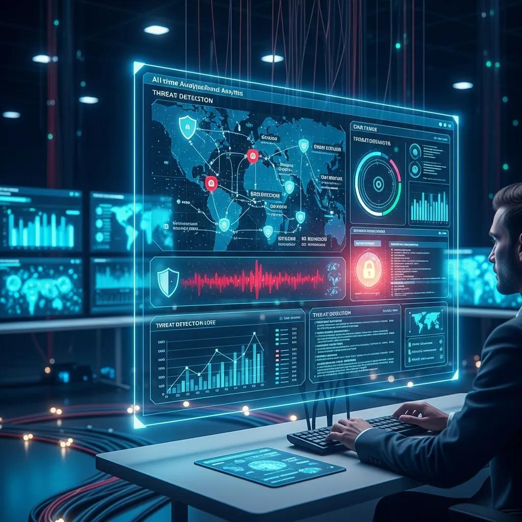 Digital display of AI‑powered cybersecurity protecting telecom networks