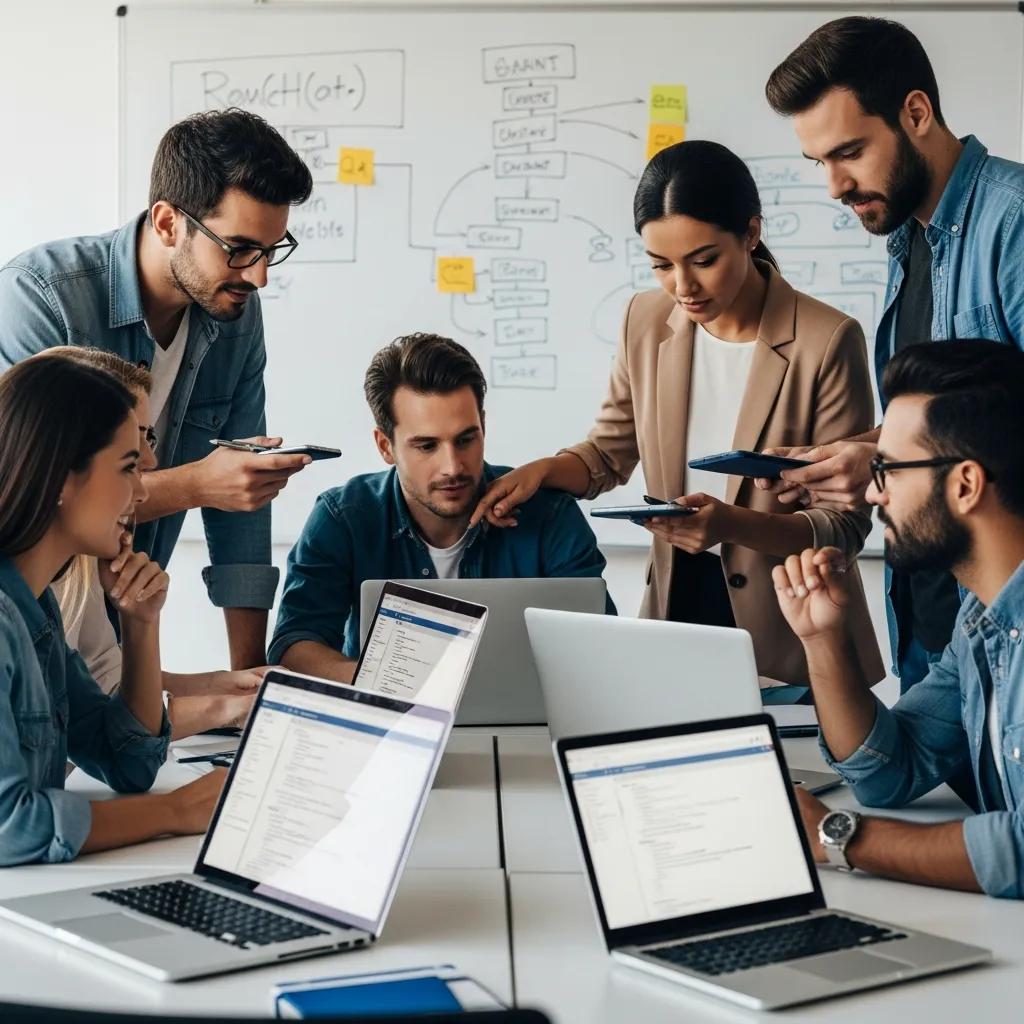 Diverse software development team collaborating on quality assurance and testing in a modern office