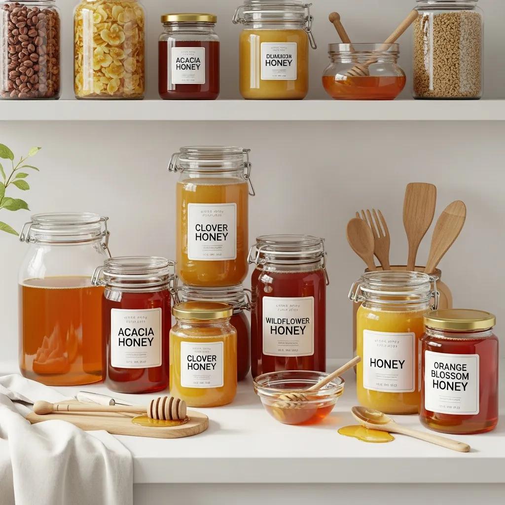 Kitchen shelf with airtight glass jars of honey, demonstrating recommended storage for long-term quality