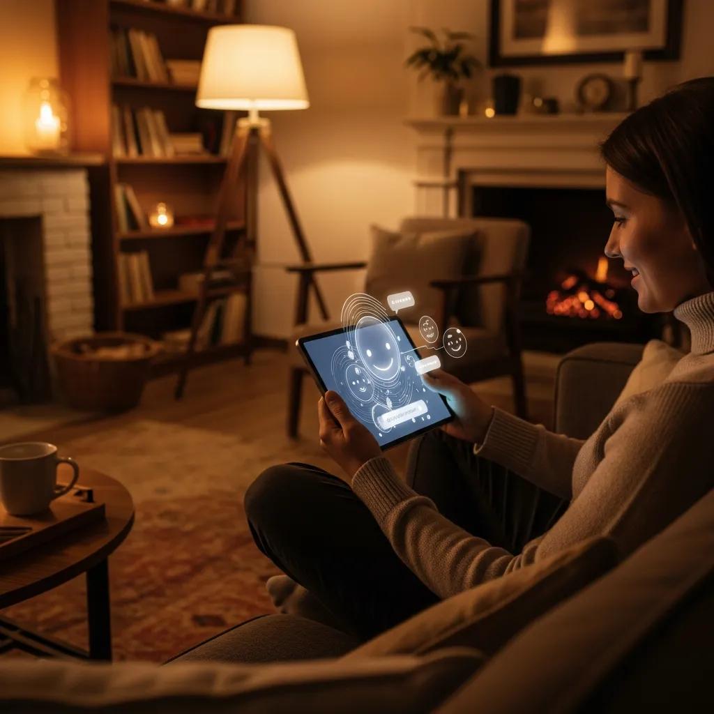 Person interacting with an AI companion in a cozy living room, highlighting emotional connection