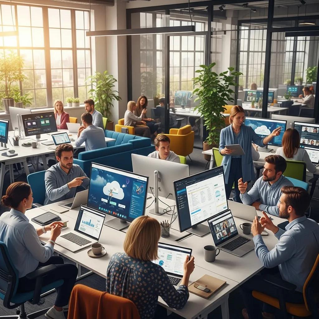 Team working in a modern office around cloud communication tools