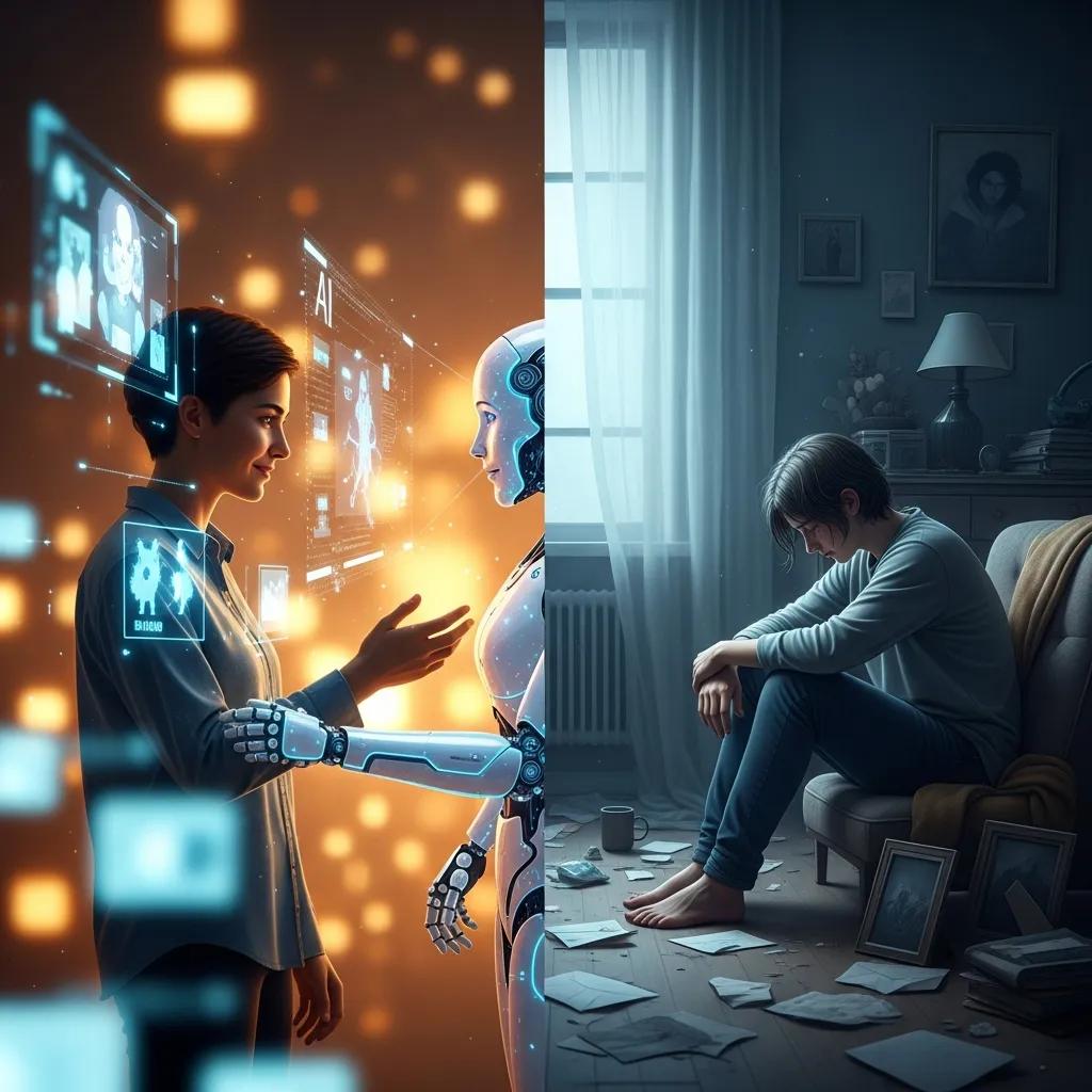 Split scene showing the psychological effects of AI relationships, depicting contentment and isolation