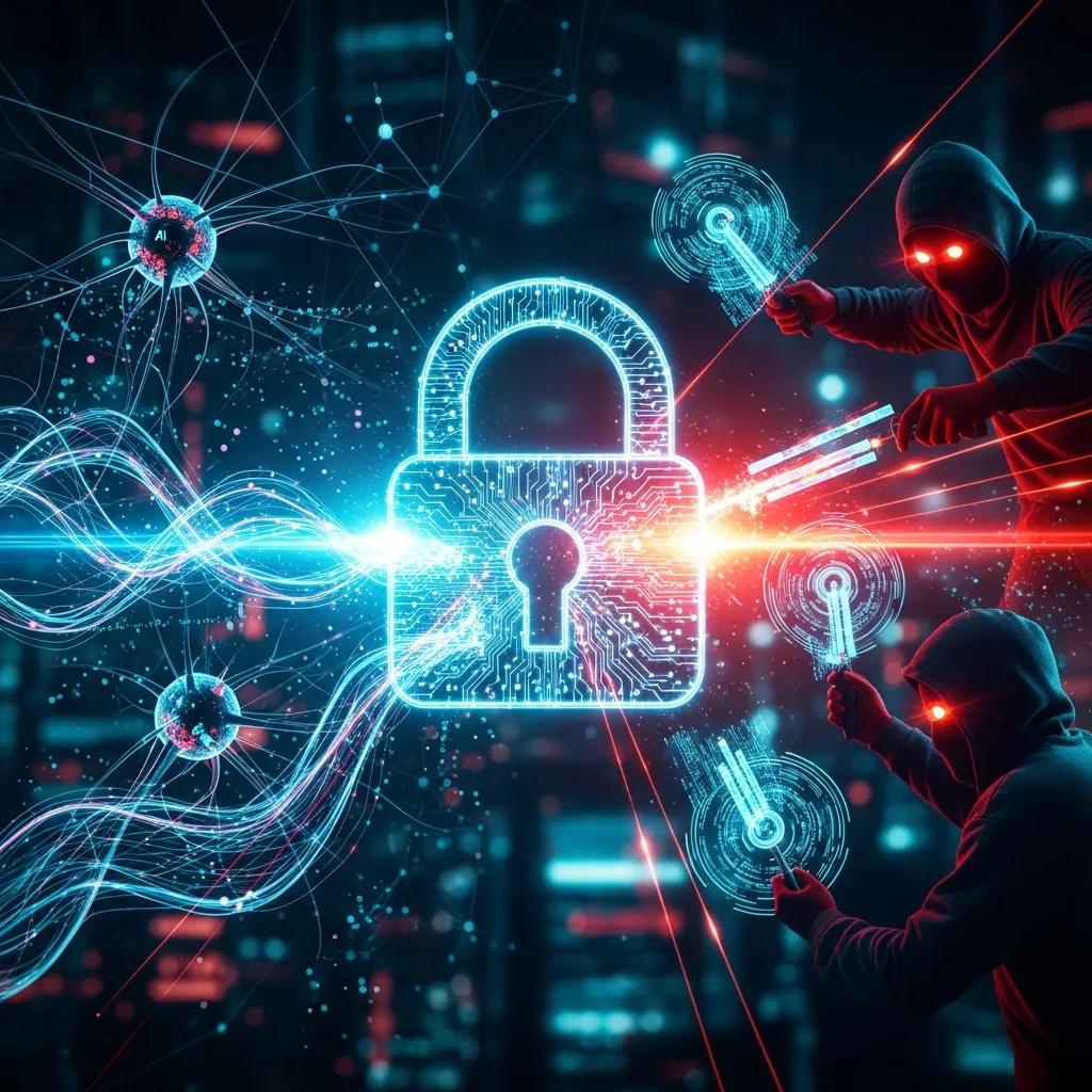 Graphic showing digital threats and defensive measures for cybersecurity in 2025
