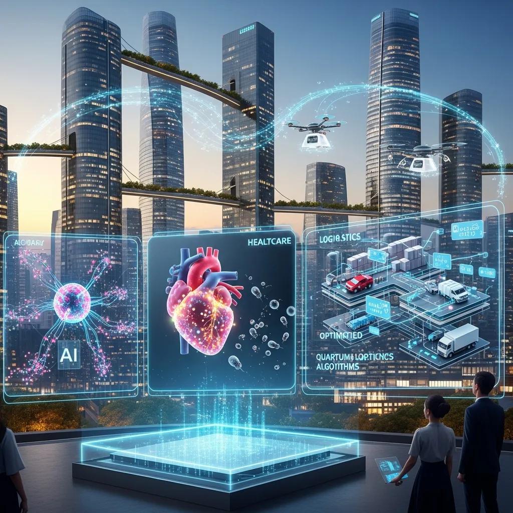 Conceptual cityscape showing technology and industry impacted by quantum computing