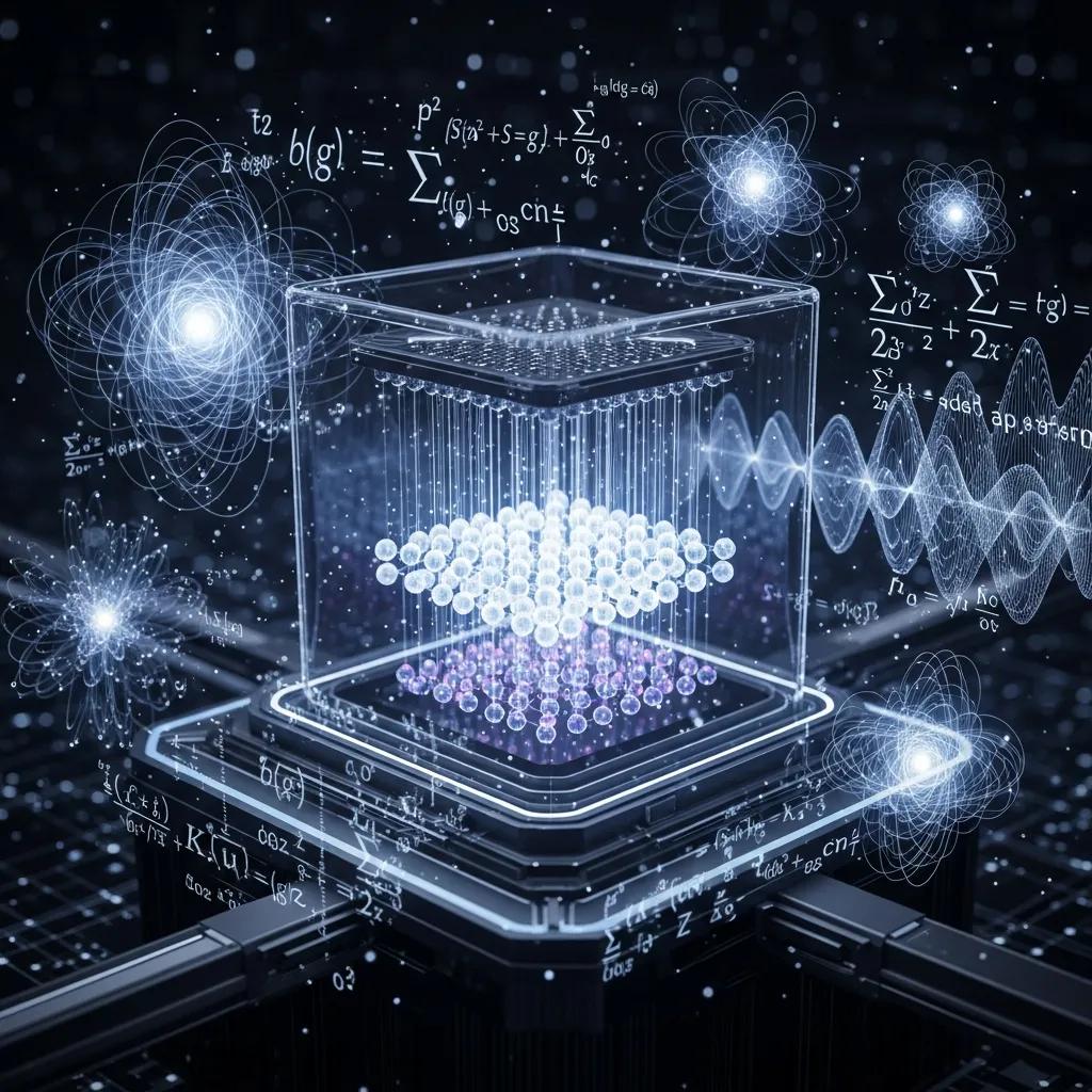 Futuristic quantum computing setup with glowing qubits and abstract visuals