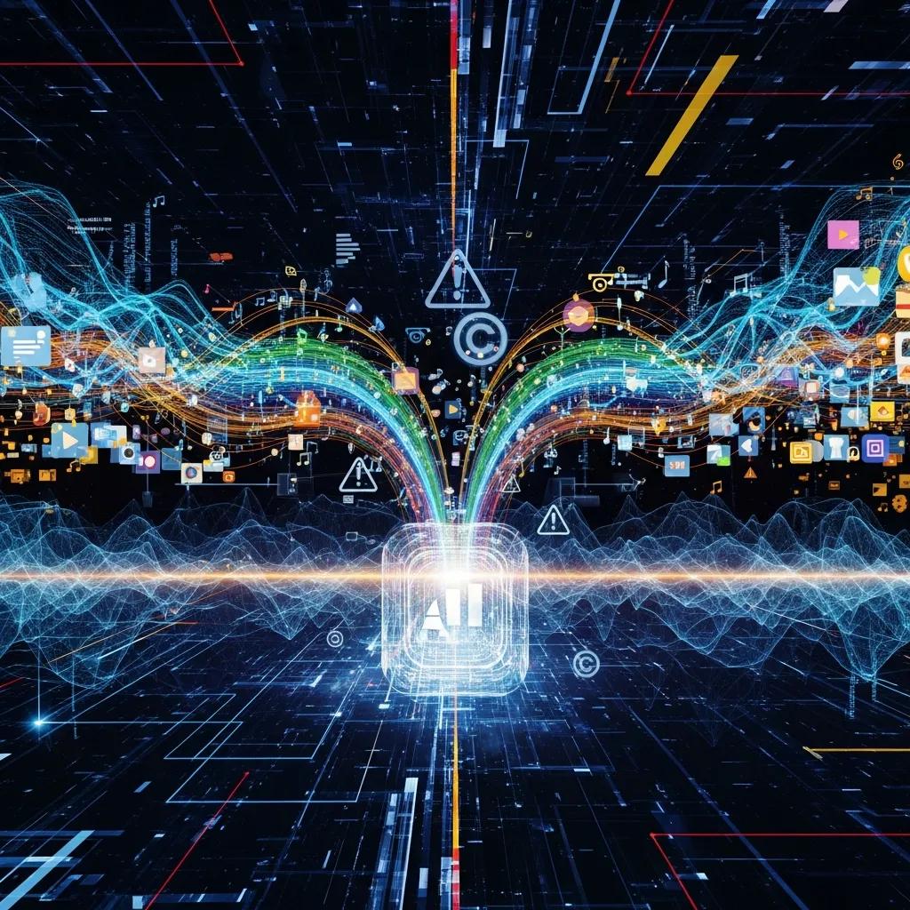 Abstract digital landscape illustrating AI training data and copyright complexities
