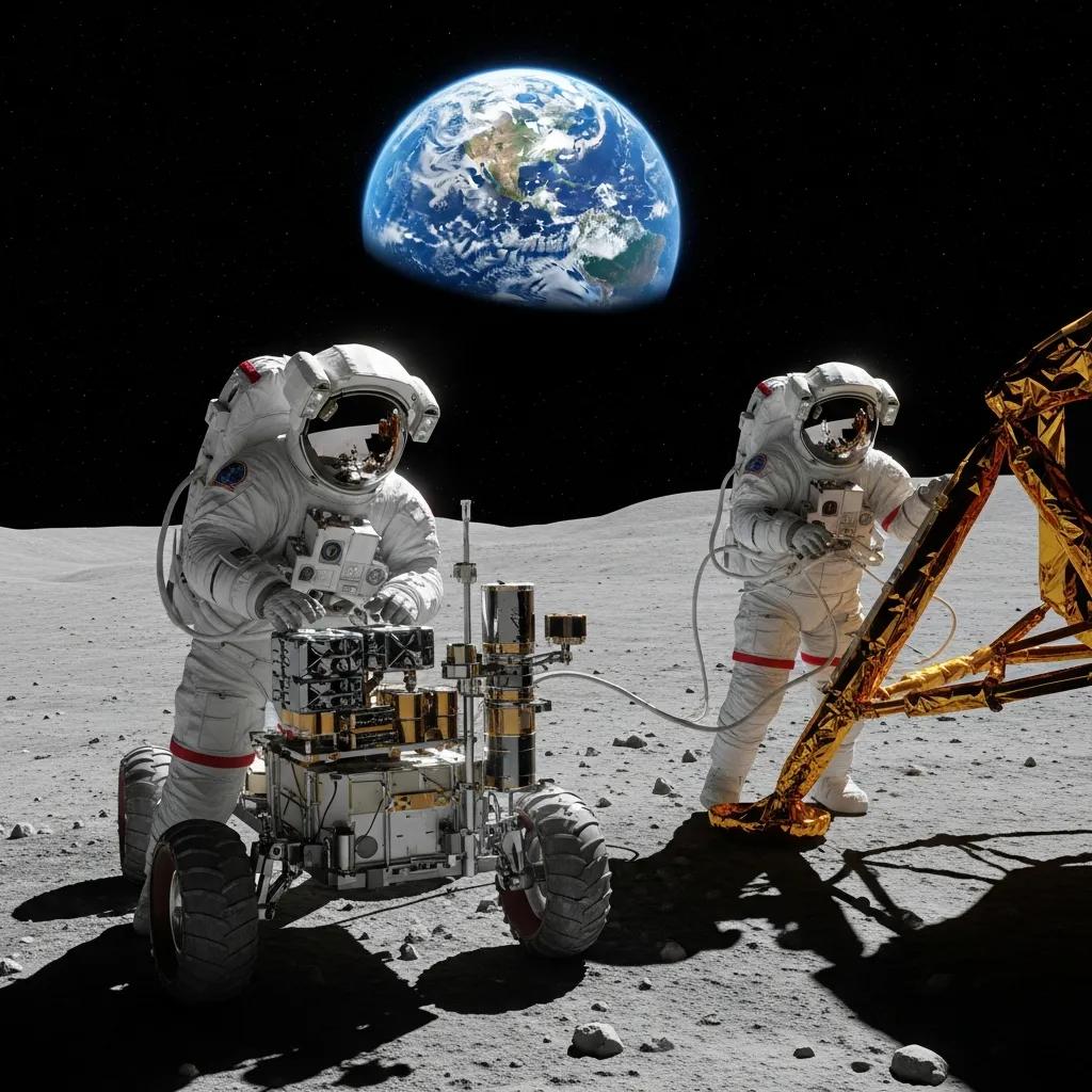 Astronauts conducting a spacewalk near the lunar surface with Earth in the background