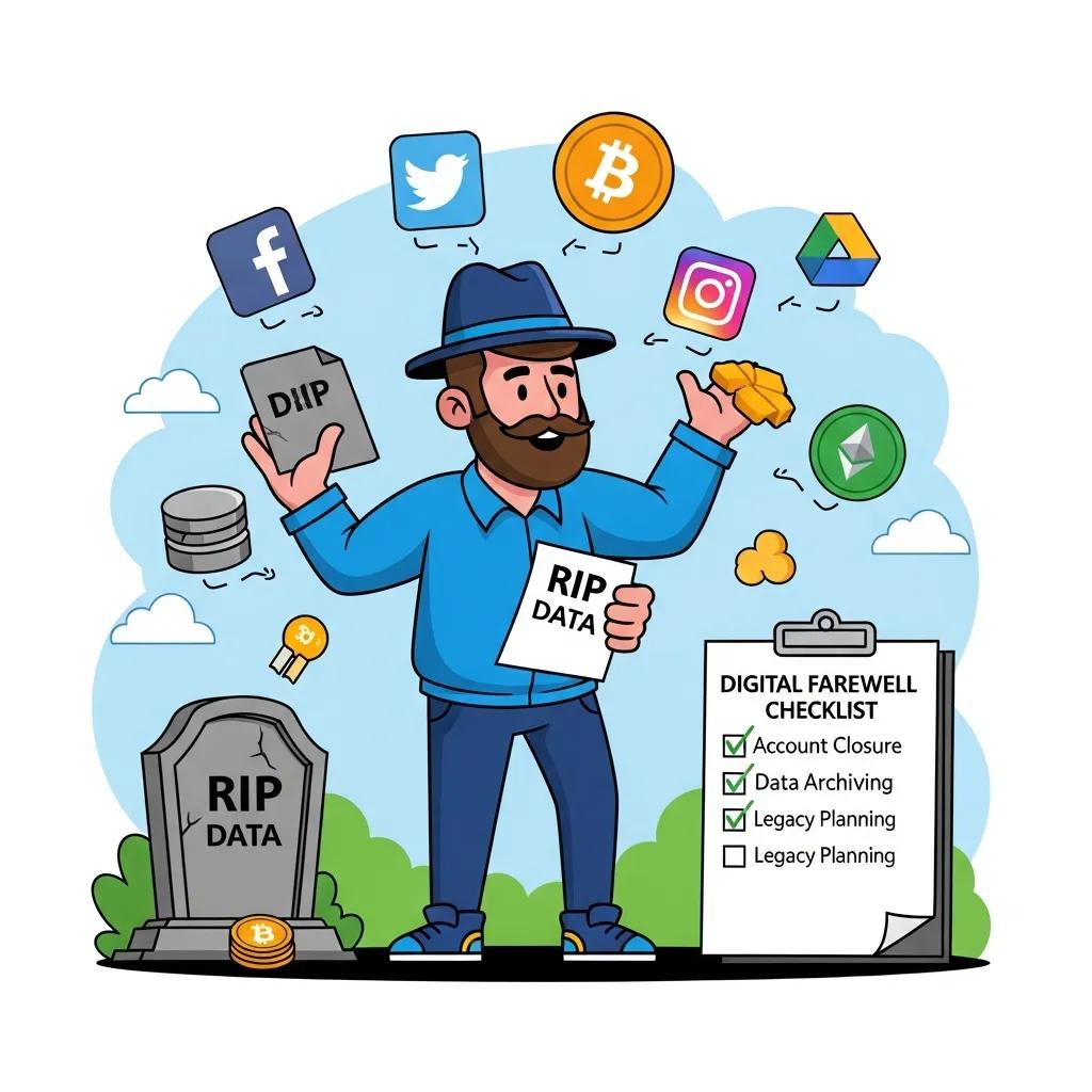 Cartoon digital undertaker managing digital assets and data afterlife