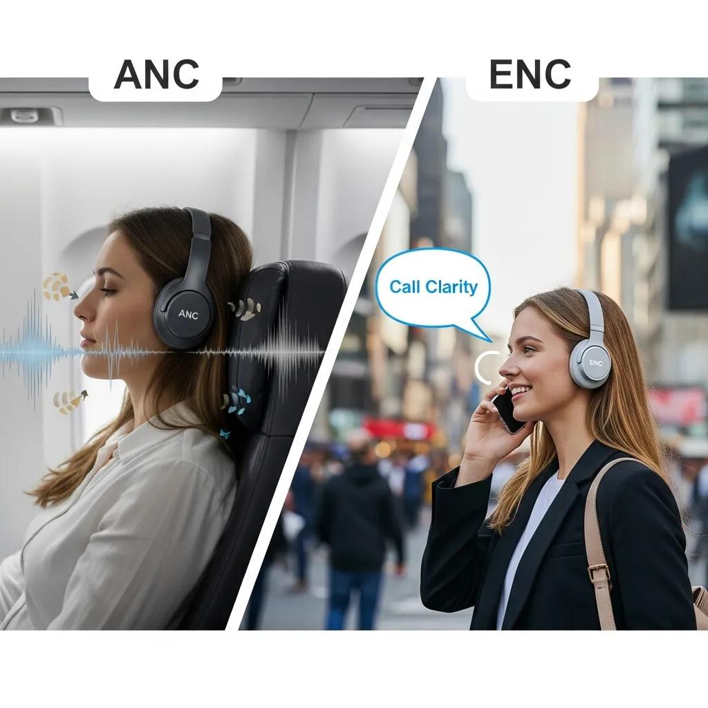 Comparison of ANC and ENC headphones in travel scenarios, illustrating their specific uses