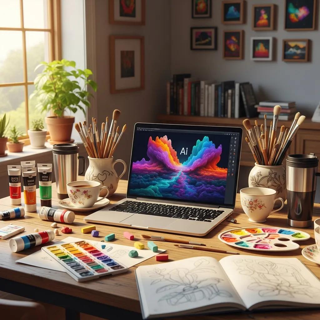 Creative workspace with generative AI art on a laptop, highlighting the blend of technology and creativity