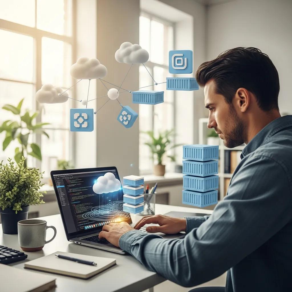 Developer working on Kubernetes in a modern office with cloud computing elements