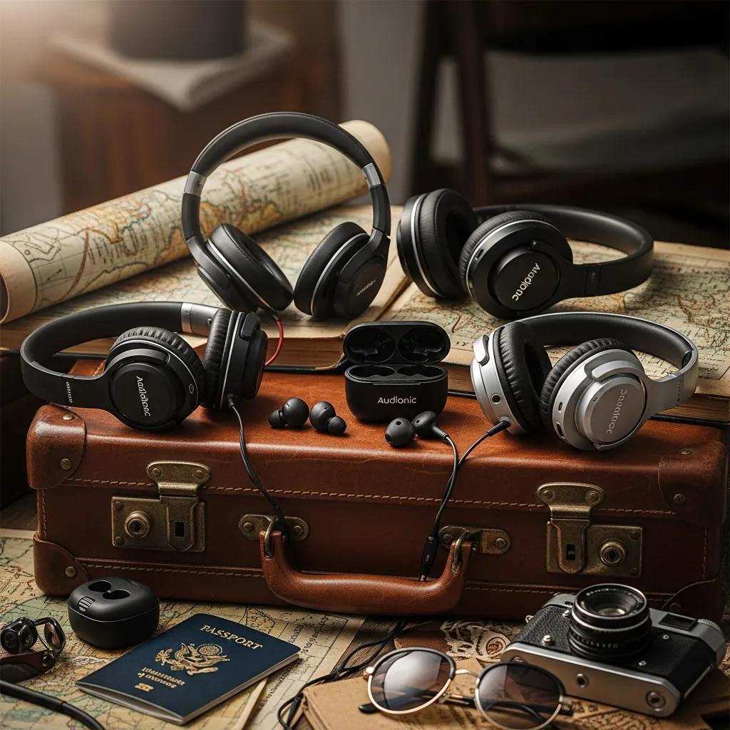 Display of Audionic headphones with travel accessories, emphasizing selection criteria for travelers