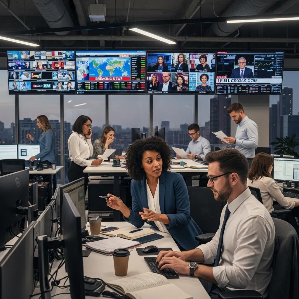 Dynamic newsroom scene with journalists reporting breaking news updates