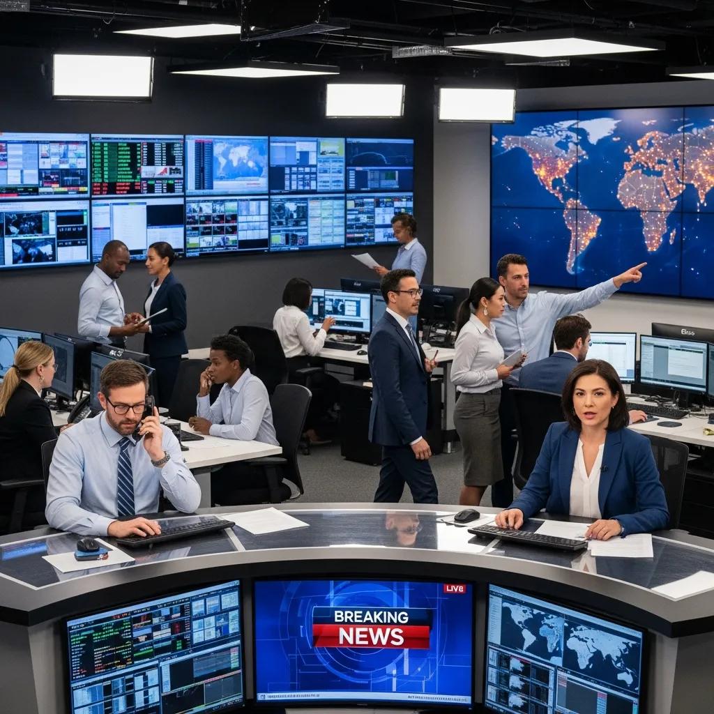 Dynamic newsroom scene with journalists reporting news updates