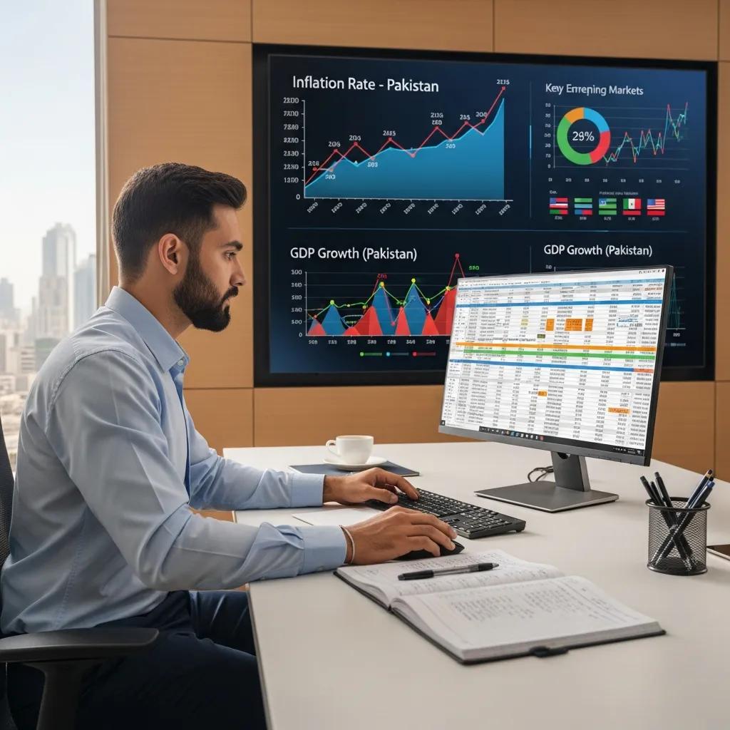 Financial analyst reviewing economic data related to inflation and market trends in Pakistan