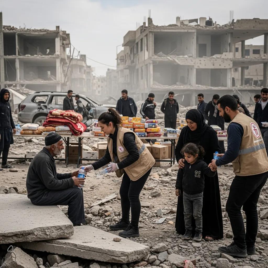 Humanitarian aid workers assisting civilians in a conflict-affected area of the Middle East, highlighting the crisis's impact