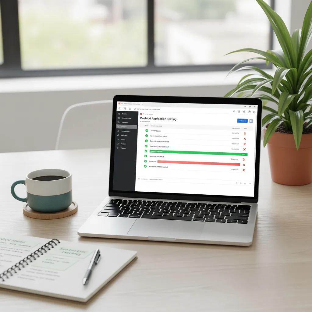 Modern workspace with a laptop focused on desktop applications testing