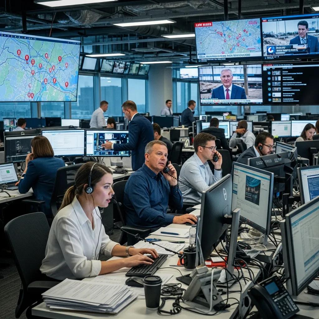 Newsroom scene with journalists reporting breaking news updates, emphasizing urgency and engagement