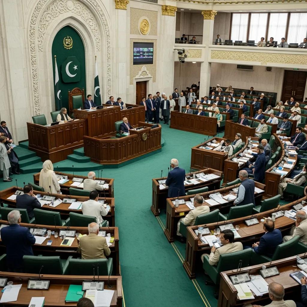 Parliamentary session in Pakistan with lawmakers engaged in discussions about political developments