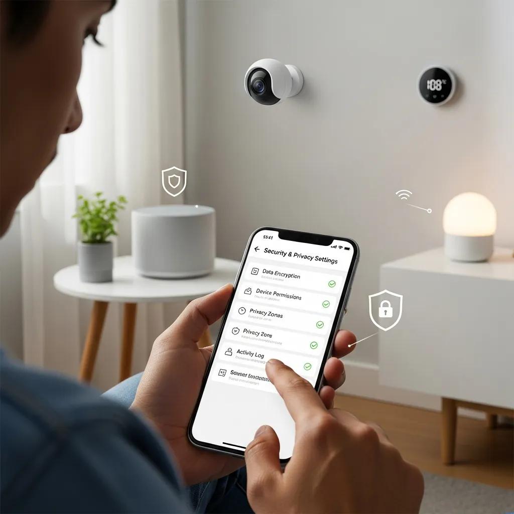 Person managing security settings on a smartphone to protect smart home privacy