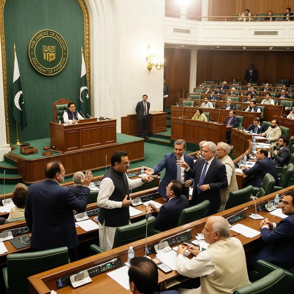 Politicians debating in a Pakistani parliamentary session, showcasing governance dynamics