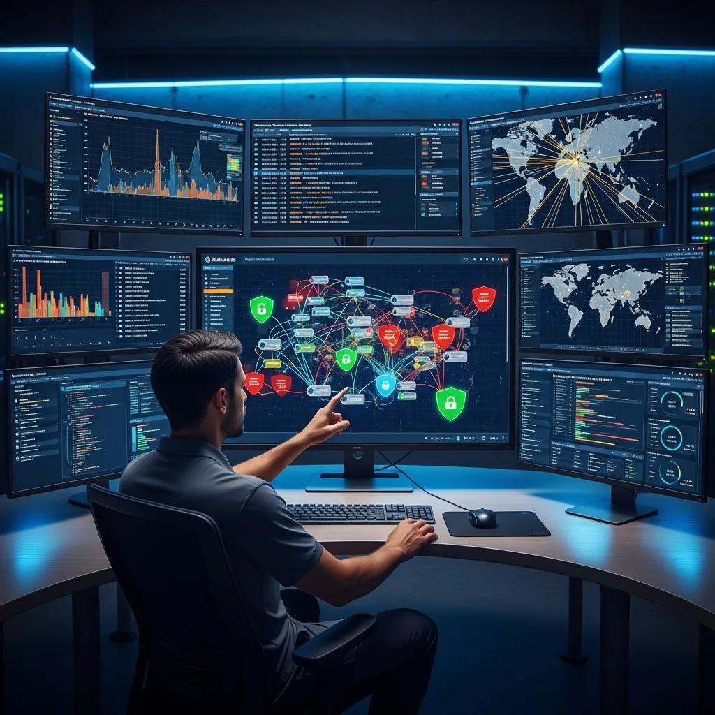 Security professional monitoring Kubernetes cluster with multiple screens