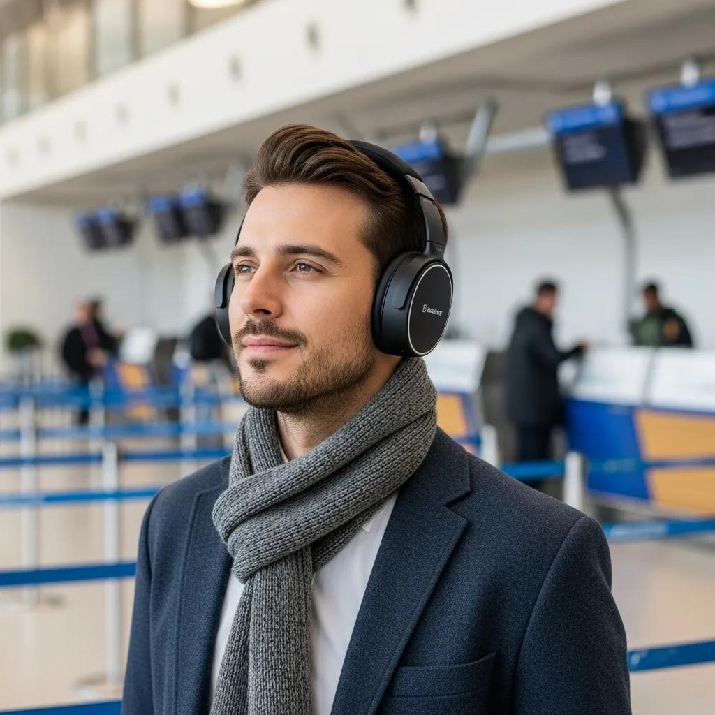 Traveler using noise-canceling headphones in an airport, highlighting travel comfort and focus